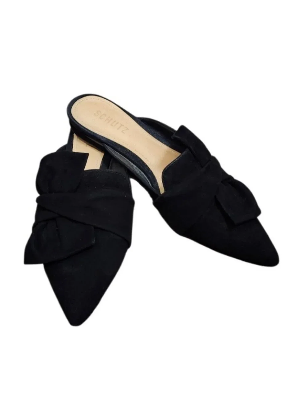 Schutz Black Suede Bow Pointed Toe Mule Flats Women’s Size 8.5B Leather